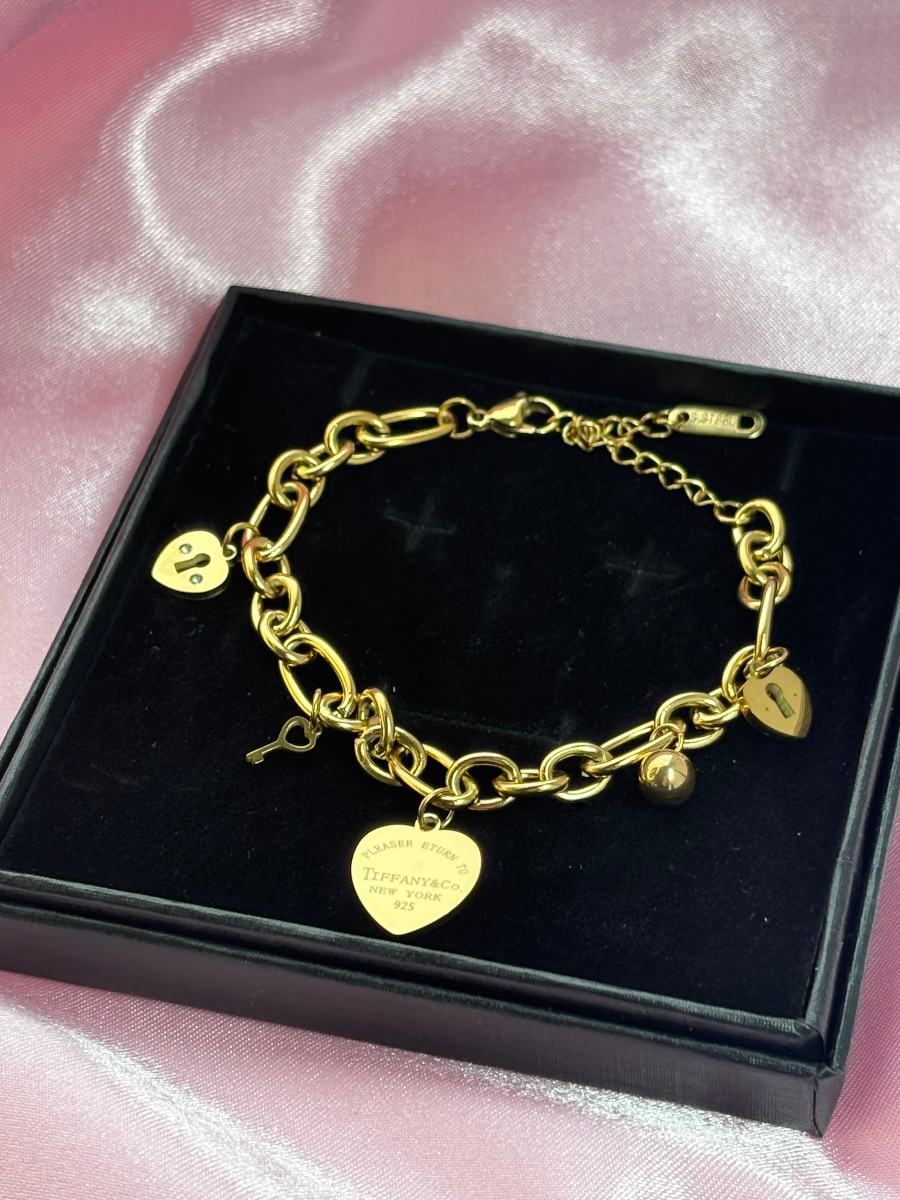 Tiffany dupe lock & key charm bracelet 18k gold plated / stainless steel