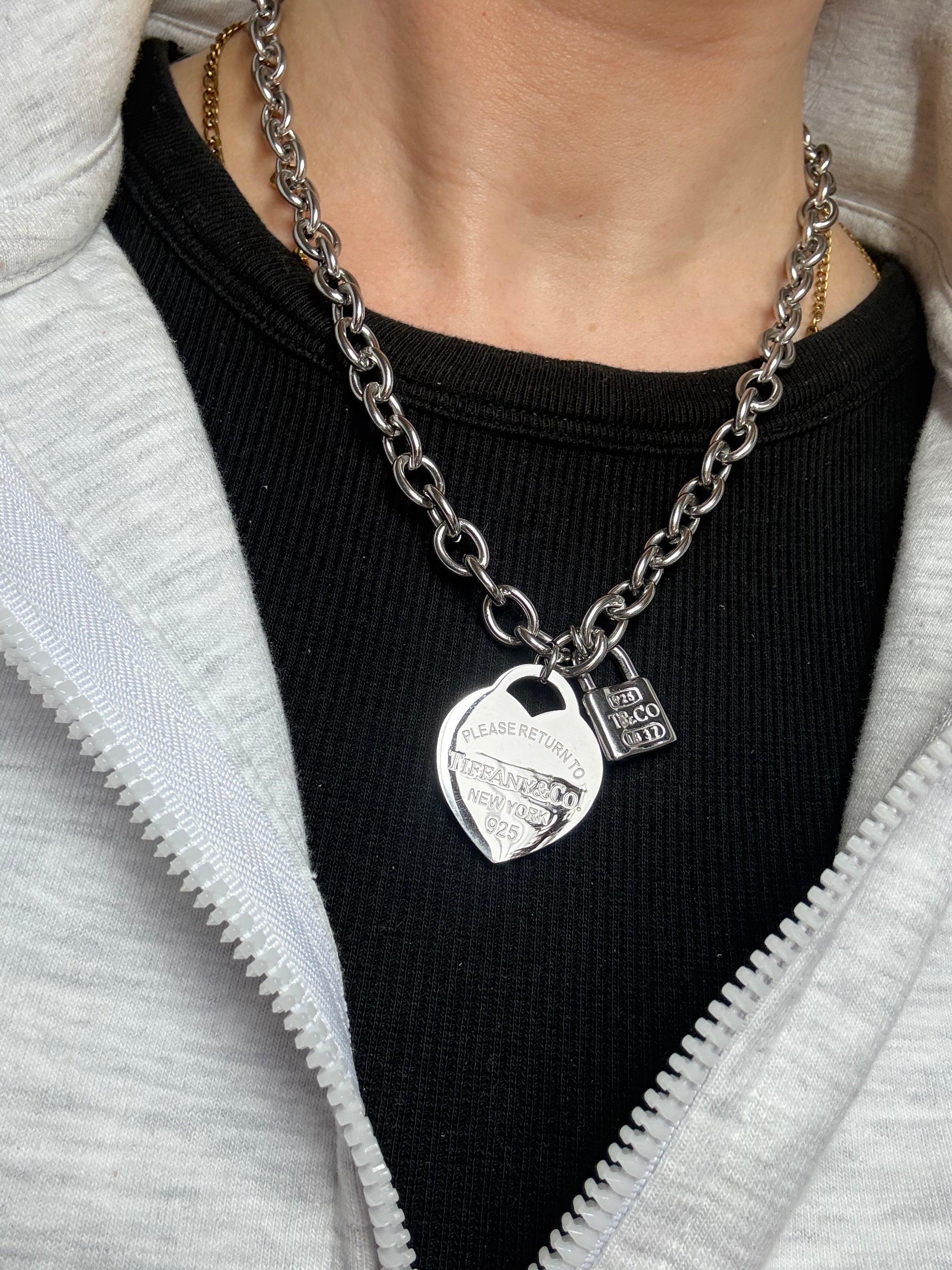 Tiff inspired chunky charm necklace/ 18” stainless steel